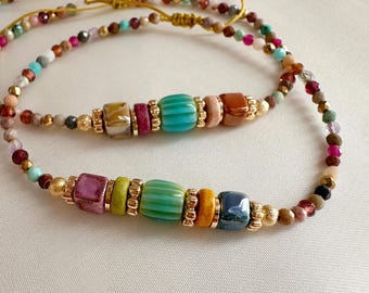 Pulsera delicada de cordón con piedras preciosas y cuentas Millefiori, joyería bohemia ajustable para verano, lindo regalo colorido para ella.