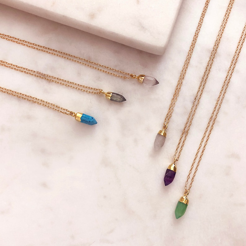 Dainty Mini Gemstone Point Necklace Minimalist Labradorite Birthstone Layering Necklace Elegant Moonstone Layered Crystal Gift Necklace