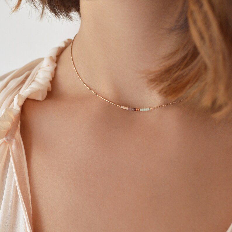 Dainty Rose Gold Beaded Necklace, Delicate & Elegant Minimalist Thin Short Layering Necklace, Simple Boho Tiny Beads Necklace Bridal Gift Mint & Peach