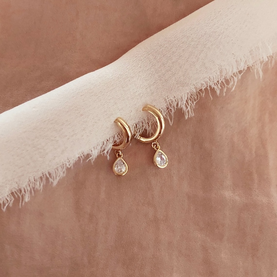 CZ Teardrop Dangle Hoops Boho Elegant Gold Zircon Dangling Hoop