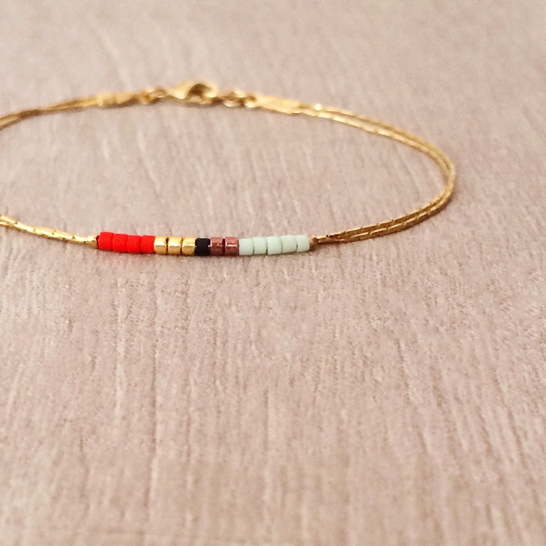 Minimalist Delicate Gold Bracelet With Red Mint Beads Thin Tiny Double Beaded Chain Bracelet Multicolor Boho Friendship Bracelet Etsy