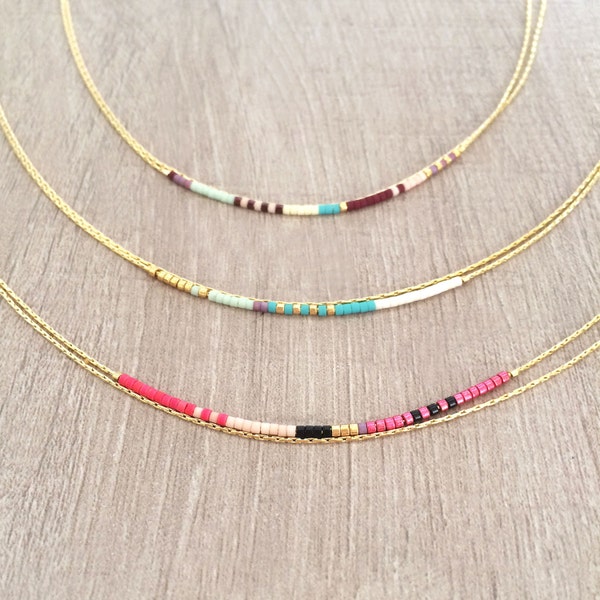 Minimalist Gold Double Necklace with Tiny Beads, Thin Layering Boho Jewelry, Dainty Colorful & Simple Beaded Chain Gift for Her