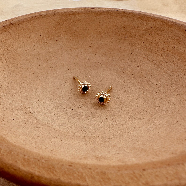 Gold Sun Black Stone Boho Stud Earrings, Dainty Bohemian Enamel Studs, Bohemian Summer Jewelry image 2