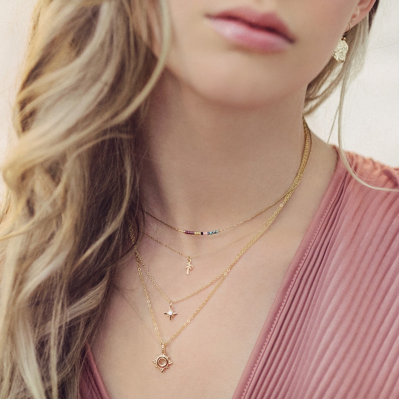 Thin Minimalist Gold Necklace with Tiny Beads, Delicate Dainty Short Layering Necklace, Colorful Simple Boho Necklace Lovely Gift for Her image 2