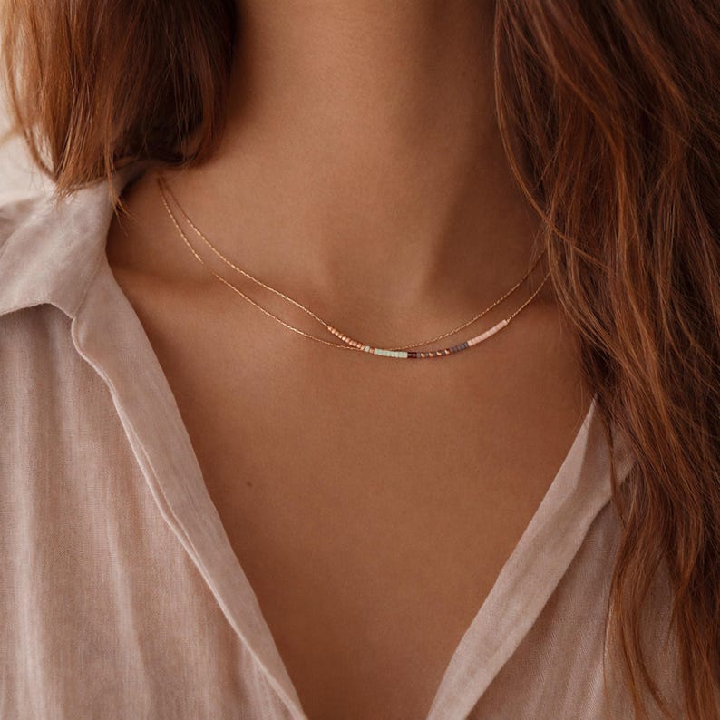 Rose Gold Delicate Necklace with Tiny Beads, Mint Green Elegant Minimalist Dainty Layering Double Chain Jewelry image 3
