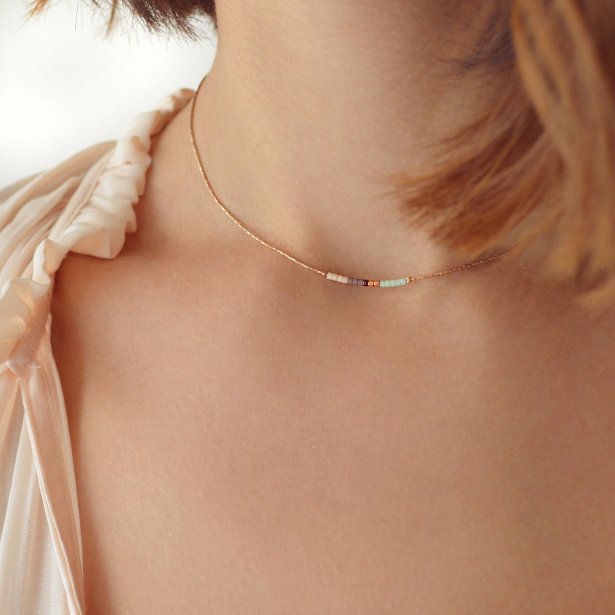 Minimal Rose Gold Delicate Beaded Layering Necklace / Thin Boho Color…