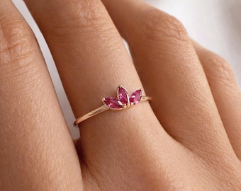 Gold Fuchsia Marquise CZ Ring, Hot Pink Flower Petal Boho Crystal, Elegant Bohemian Ring Gift