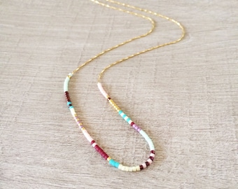 Dainty Beaded Multicolor Gold Necklace, Boho Minimalist Layering Gift, Colorful Short Summer Jewelry