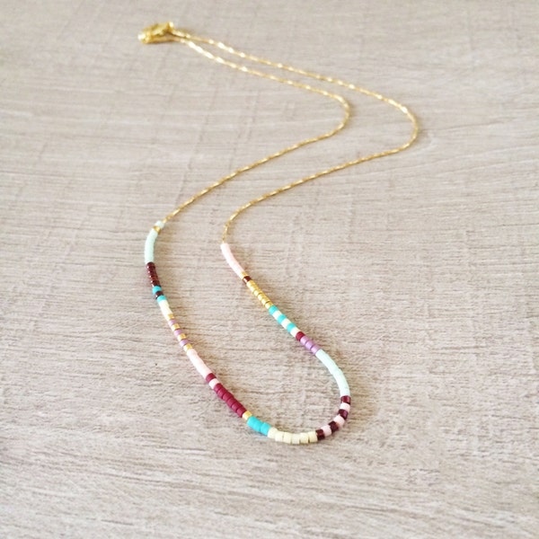 Dainty Beaded Multicolor Gold Necklace, Boho Minimalist Layering Gift, Colorful Short Summer Jewelry