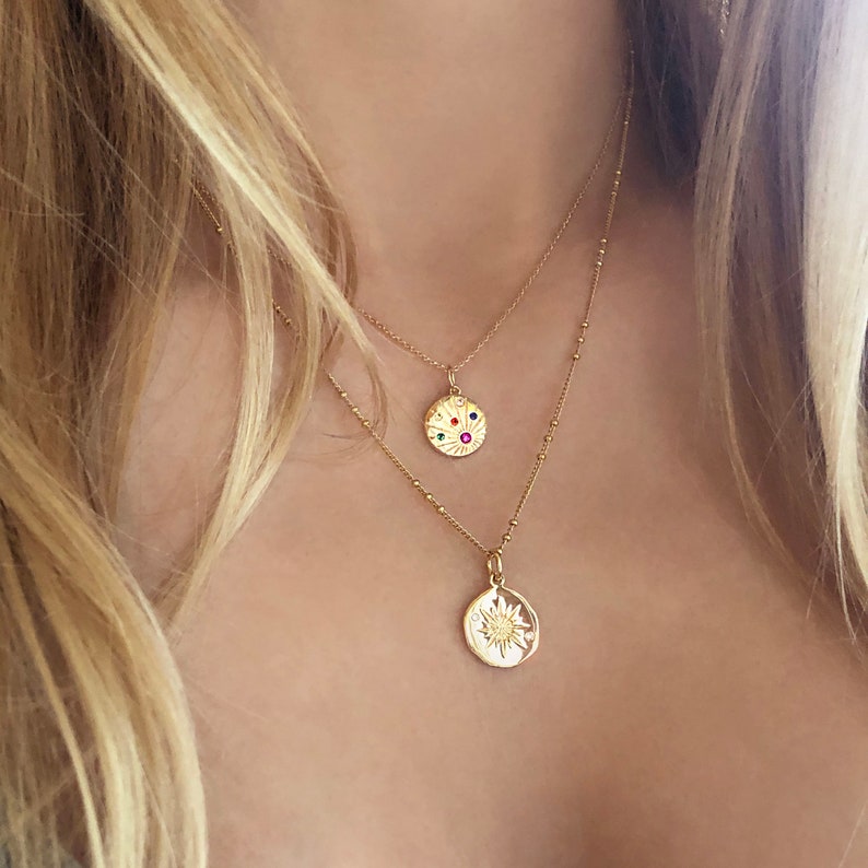 Multicolor CZ Gold Medal Necklace Boho Coin Layering Medallion Necklace Bohemian Engraved Pendant Charm Necklace Gift for Her