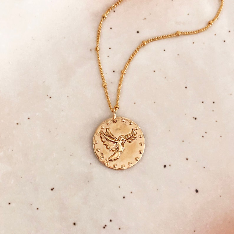 Gold Medal Peace Dove Coin Necklace, Minimalist Boho Layering Disc Necklace, Bird Pendant Bohemian Summer Necklace image 1