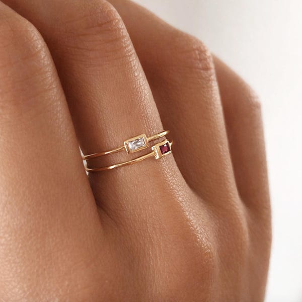 Thin Dainty Gold Baguette Ring with Tiny Crystal, 24k Goldplated Sparkly Delicate Ring for Her, Pink Stone Minimalist Elegant Gift