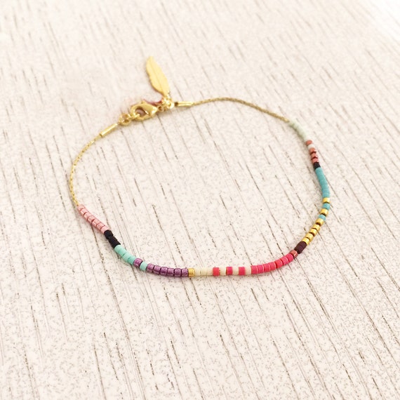 Delicate Thin Multicolor Beaded Bracelet With Feather Charm - Etsy