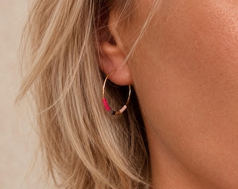 Minimalist Gold Multicolor Hoop Earrings, Elegant Dainty Gift for Her, Delicate Beaded Thin Earrings, Boho Minimal Hoops