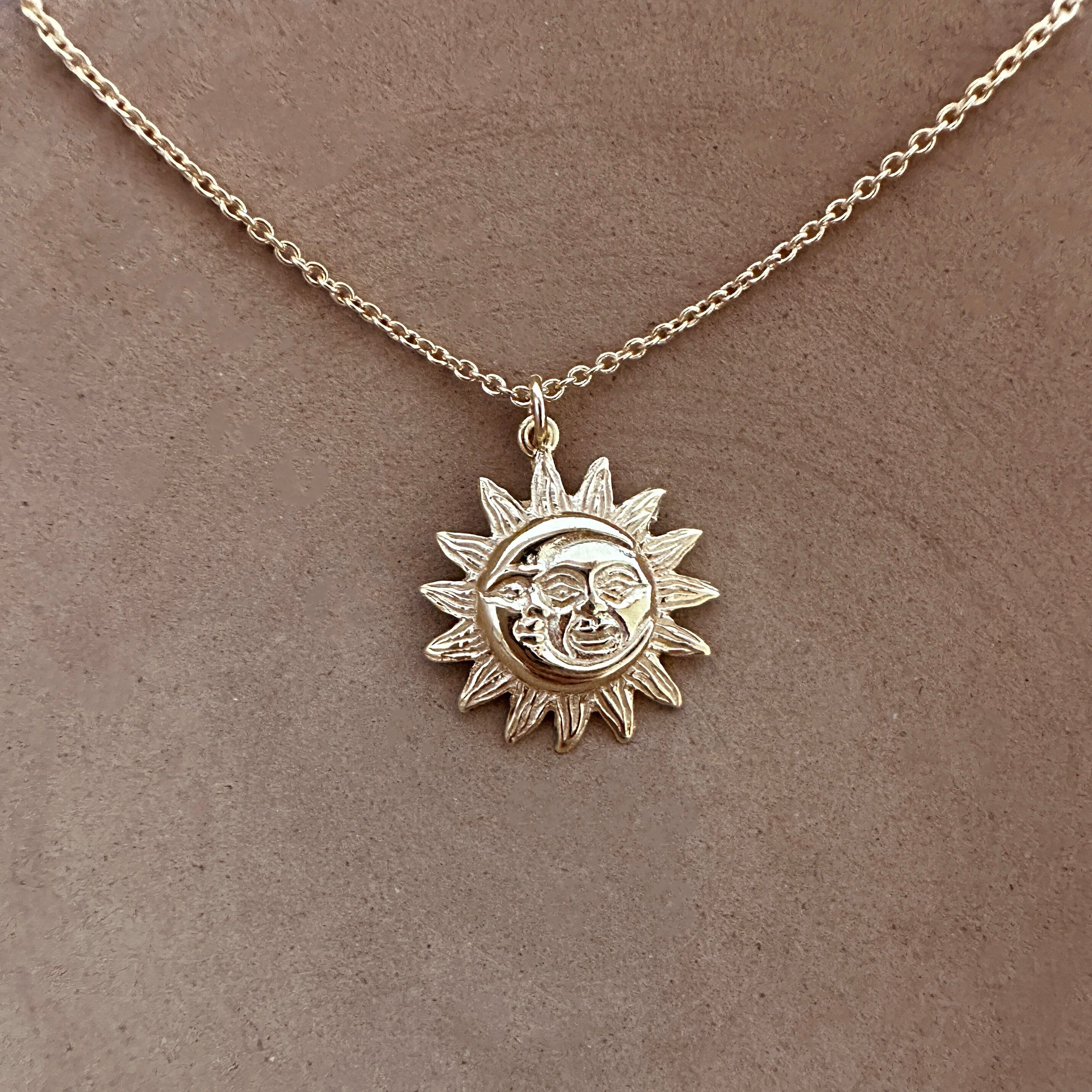 Gold Sun & Moon Medal Necklace, Boho Layering Medallion, Summer Celestial Spiritual Symbol Charm Bohemian Jewelry Gift for Her