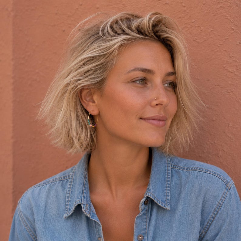 May include: Gold hoop earrings with colourful beads. The earrings are worn by a person with blonde hair and a denim shirt. The background is a solid, reddish-orange colour.