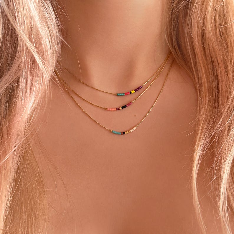 Minimalist Gold Delicate Necklace with Tiny Beads, Dainty Thin Short Layering Necklace, Colorful & Simple Beaded Boho Gift for Her image 10