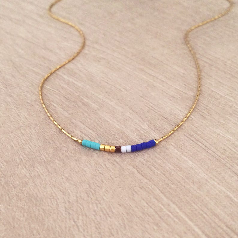 Minimalist Gold Delicate Short Necklace with Tiny Beads, Dainty Thin Beaded Chain Layering Necklace, Colorful & Simple Boho Necklace Navy & Turquoise