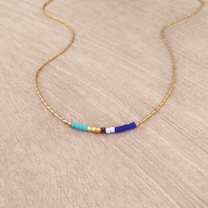 Minimalist Gold Delicate Short Necklace with Tiny Beads, Thin Layering Necklace, Colorful & Simple Boho Necklace Navy & Turquoise