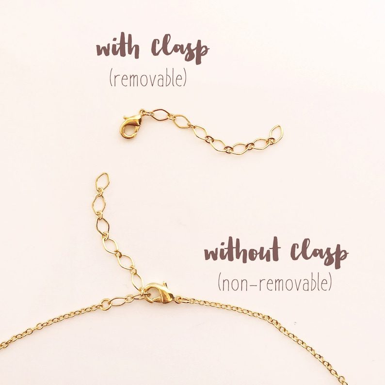 May include: Two gold chains, one with a clasp and one without. The chain with the clasp is labeled "with clasp (removable)" and the chain without the clasp is labeled "without clasp (non-removable)".