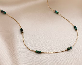 Turquoise Dainty Beaded Necklace, Gold Thin Delicate Chain with Grey Gemstone Beads, Boho Elegant Summer Jewelry