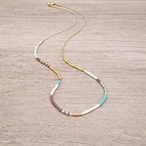 Dainty Beaded Multicolor Gold Necklace, 24k Goldplated Boho Minimalist Layering Jewelry, Pastels Colorful Short Summer Friendship Gift