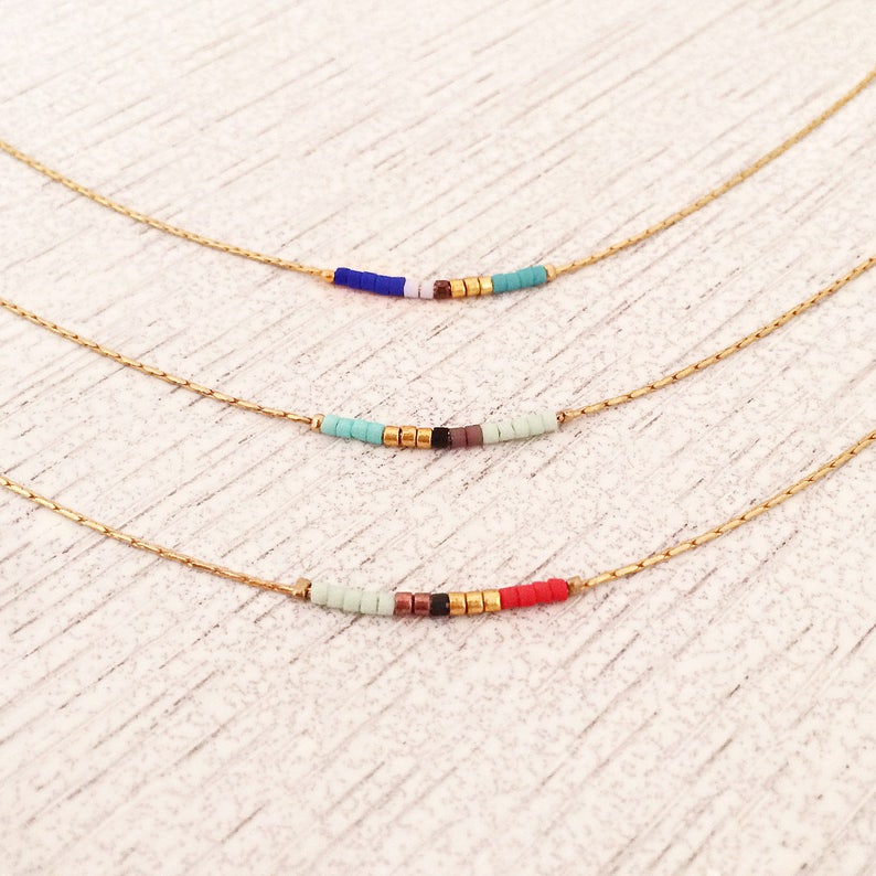 Minimalist Gold Delicate Short Necklace with Tiny Beads, Dainty Thin Beaded Chain Layering Necklace, Colorful & Simple Boho Necklace image 1