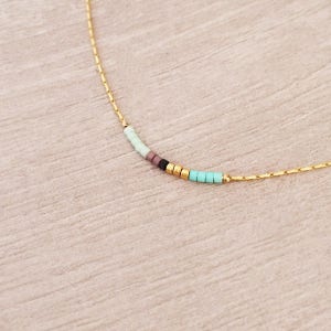 Minimalist Gold Delicate Short Necklace with Tiny Beads, Dainty Thin Beaded Chain Layering Necklace, Colorful & Simple Boho Necklace Aqua & Mint