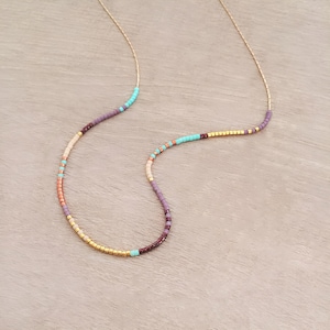 Gold Dainty Multicolor Necklace, 24k Goldplated Minimalist Layering Thin Beaded Chain, Colorful Boho Jewelry with Tiny Beads, Gift for Her
