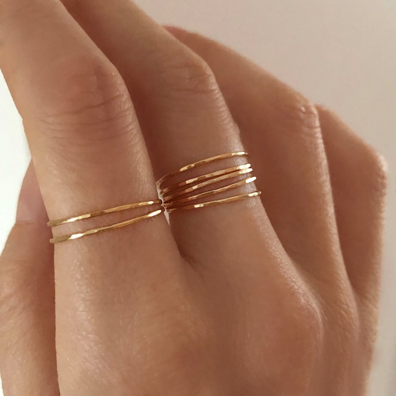 Thin Dainty Gold Hammered Ring, Stackable Simple Delicate Ring for Her, Textured Minimalist Everyday Band Stacking Ring image 1