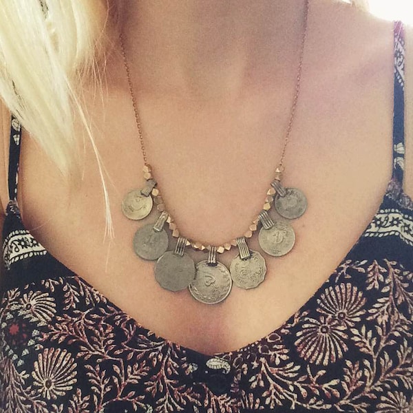 Tribal Gypsy Antique Coin Necklace // Bohemian Bib Necklace // Boho Necklace with Afghan Coins