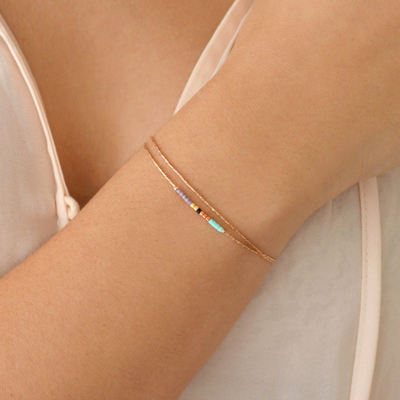 Minimalist Delicate Rose Gold Bracelet with Tiny Beads, Thin Dainty & Colorful Bracelet, Multicolor Boho Bridesmaid Friendship Bracelet Purple & Turquoise