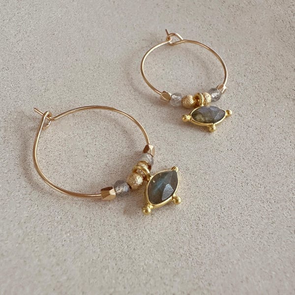 Small Labradorite Charm Hoops, Gold Gemstone Drop Hoop Earrings, 18k Goldplated Boho Gray Birthstone Gem Accessory, Pretty Jewelry Gift Idea