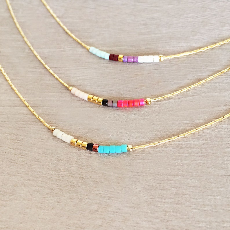 Minimalist Gold Delicate Necklace with Tiny Beads, Dainty Thin Short Layering Necklace, Colorful & Simple Beaded Boho Gift for Her image 3