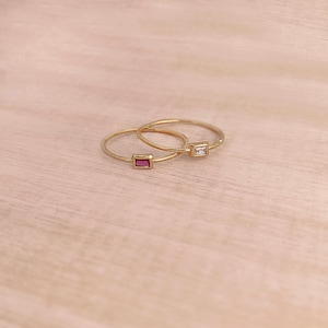 Thin Dainty Gold Baguette Ring with Tiny Crystal, Sparkly Simple Delicate Ring for Her, Pink Stone Minimalist Elegant Gift for Her image 8