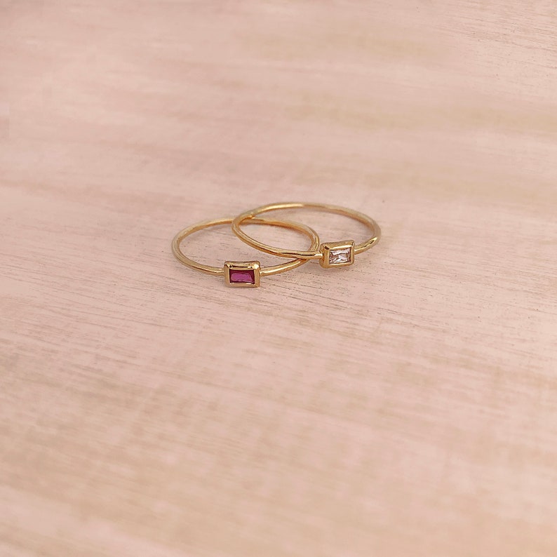 Thin Dainty Gold Baguette Ring with Tiny Crystal, Sparkly Simple Delicate Ring for Her, Pink Stone Minimalist Elegant Gift for Her image 8