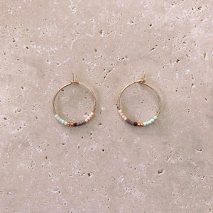 Minimalist Rose Gold Multicolor Hoop Earrings, Elegant Dainty Gift for Her, Delicate Beaded Thin Earrings, Boho Minimal Pink Gold Hoops Mint & Peach