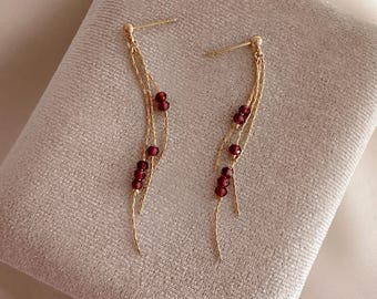 Garnet Triple Chain Earrings, Dark Red Gold, Elegant Gemstone Jewelry Gift, January Birthstone Boho Dangle Earrings