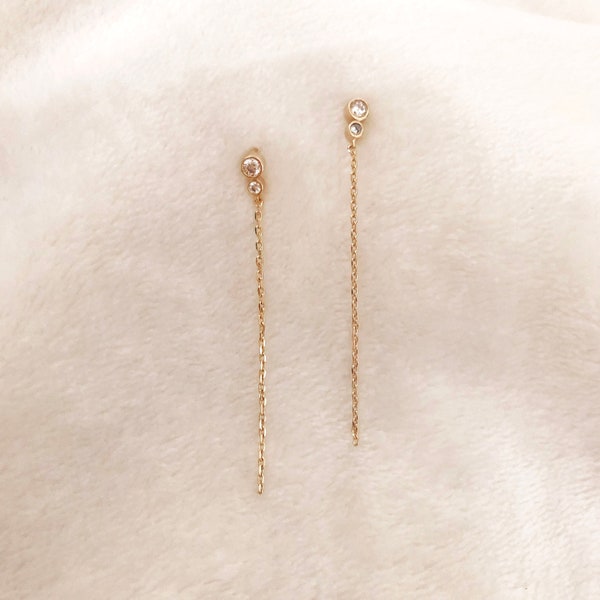 Gold Chain CZ Stud Earrings, Dainty Holiday Jewelry, Zircon Boho Simple Dangle Earring, Sparkly Minimalist Feminine Ear Accessory for Girl