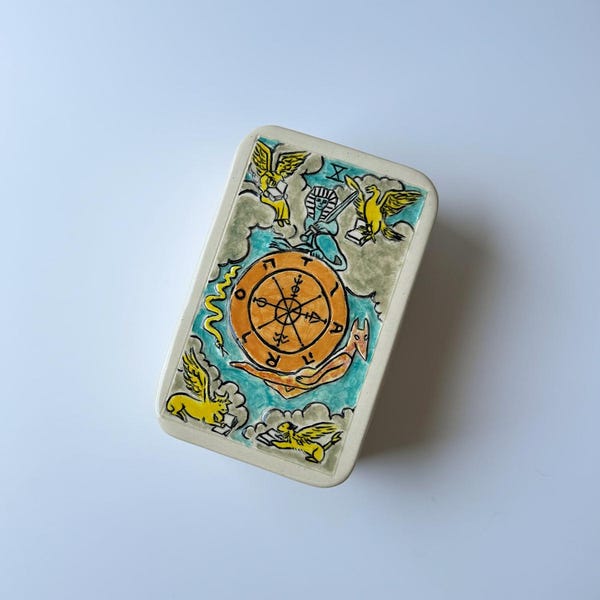 Tarot Card Deck Holder Stash Box Wheel of Fortune Handmade Ceramic Unique One-of-a-kind Gift
