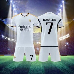 23/24 Real Madrid Home Soccer Jersey Set, #7 Ronaldo, White Soccer Jersey Kit & Shorts with Socks Set, Size For Child's And Adult's