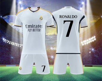 23/24 Real Madrid Home Soccer Jersey Set, #7 Ronaldo, White Soccer Jersey Kit & Shorts with Socks Set, Size For Child's And Adult's