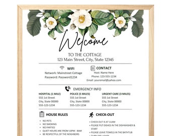 May include: A welcome sign for a cottage with floral decorations. The sign includes the address, contact information, WiFi details, emergency numbers, house rules, and check-out instructions. The sign also includes a review section with a five-star rating system.