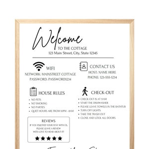 Znak powitalny dla gospodarza wynajmu krótkoterminowego, edytowalny szablon Airbnb, wydruk STR wakacyjnego, cyfrowe pobieranie VRBO WiFi, przewodnik po zameldowaniu gości