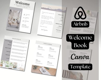 Op de afbeelding: Een welkomstboek sjabloon voor Airbnb-hosts, met een grijs en wit kleurenschema met een berglandschap en het Airbnb-logo. Het sjabloon bevat secties voor de huisgids, eten en drinken, en contactgegevens. De tekst "Welcome Book Canva Template" wordt in zwart weergegeven.