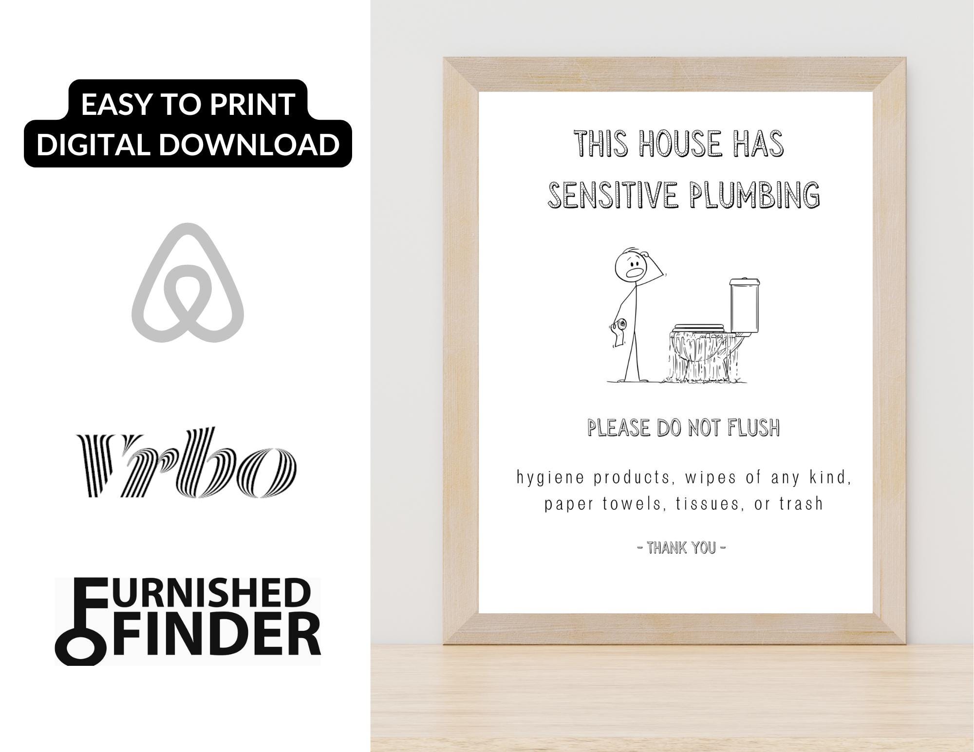 Airbnb Bathroom Sign | Flush Only Toilet Paper | Printable Bathroom ...