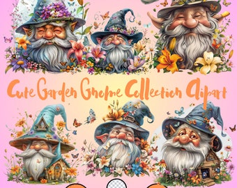 May include: A collection of six digital clipart images featuring cute garden gnomes wearing blue and purple hats with flowers and butterflies. The gnomes have white beards and are smiling. The text "Cute Garden Gnome Collection Clipart" is at the bottom of the image.