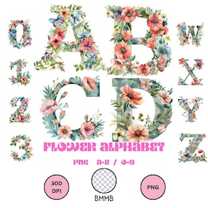 Diseño de bordado de alfabeto floral A-Z y 0-9 números acuarela png, 36 letras florales clipart, impresión digital del alfabeto delicado.