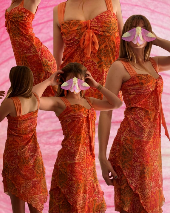 Y2K Orange Ruffled Summer Dress