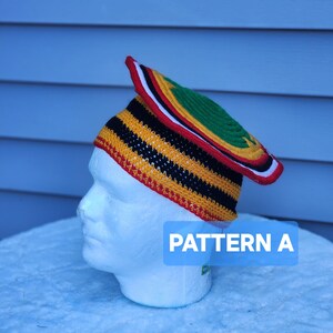 May include: A colorful crochet hat with a brim, displayed on a white mannequin head. The hat features a pattern of yellow, black, red, green, and white stripes. The text "PATTERN A" is displayed on a blue rectangle.
